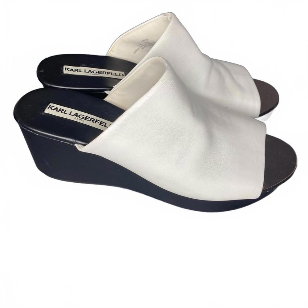 Y2K‎ Karl Lagerfeld Paris Lyric White Leather Platform Slides Women's 8.5